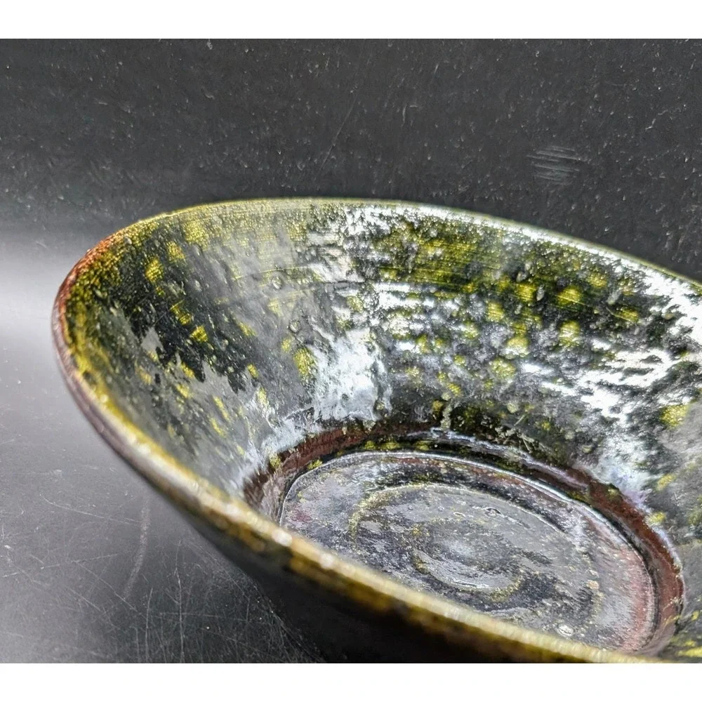 Vintage 1997 Signed Studio Pottery Bowl Black Green Raku Glaze Signed Bo 10